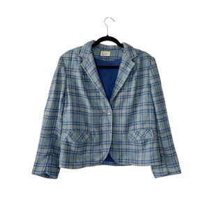 Vintage 60s Glen Plaid Wool Blazer Blue Single Breasted M/L